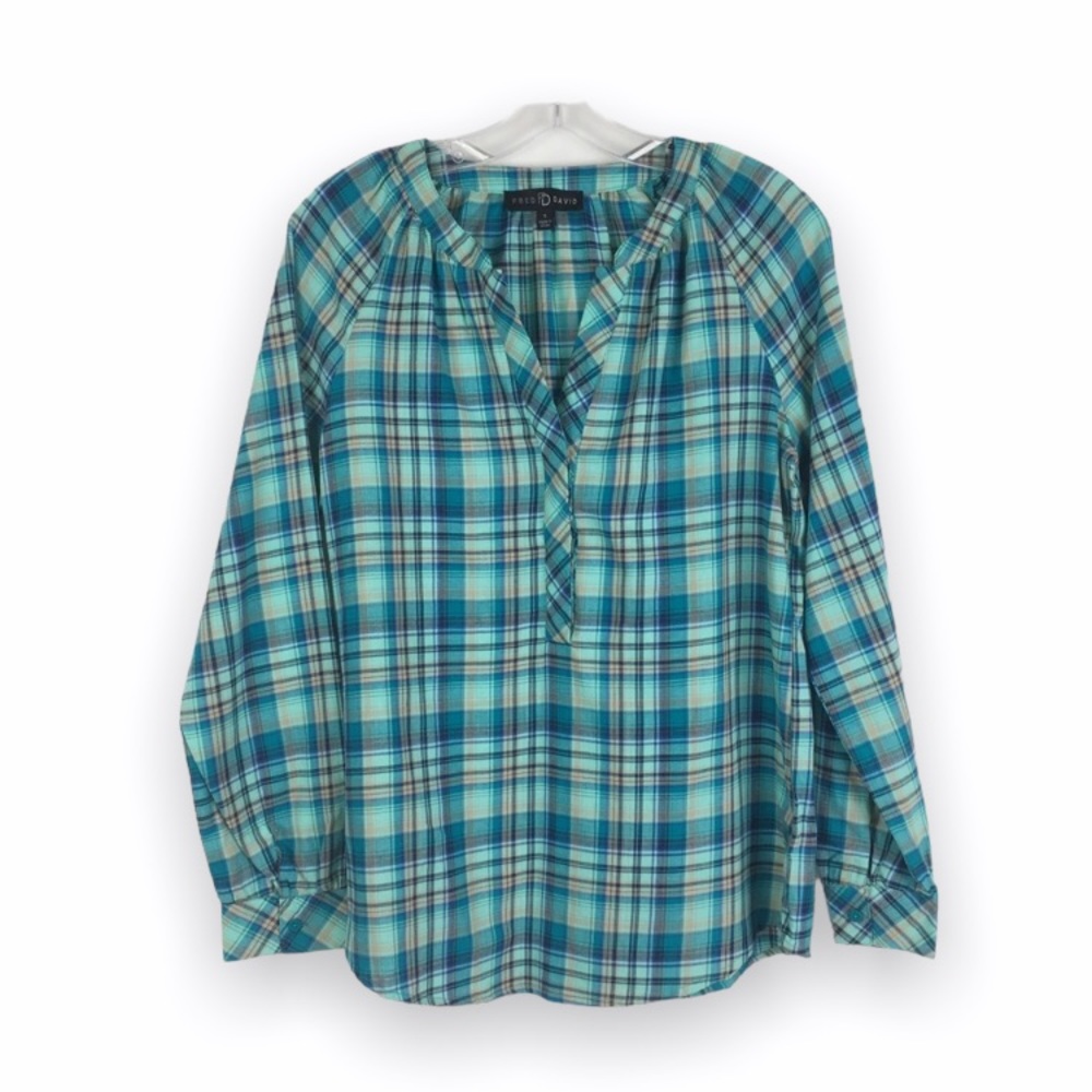 Fred David Womens Small Cotton Blue & Tan Plaid Long Sleeve Popover Top Shirt S‎